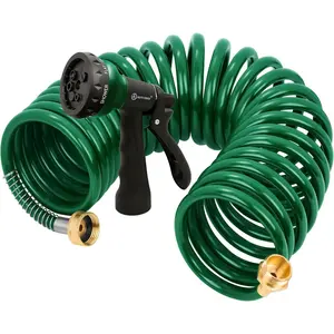 Coil Garden Hose 25 ft, EVA Curly Water Hose with Brass Connectors, Recoil Garden Water Hose,Includes 7-Pattern Function Sprayer,Retractable,Corrosion Resistant Garden Coil Hose.