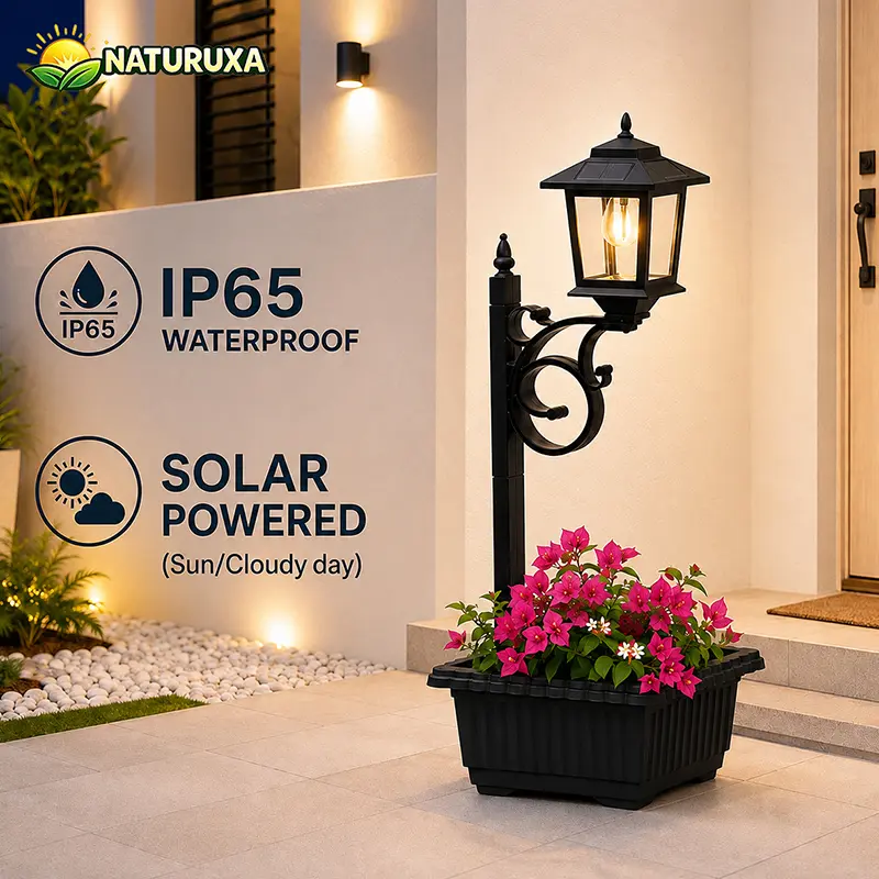 Naturuxa Solar Lamp Post Light With Flowerpot - Monocrystalline Panel (50% Higher Efficiency),12H+ Continuous Lighting, IP65 Waterproof, 3000K Warm White, Non-Mosquito Attracting, Tempered Glass