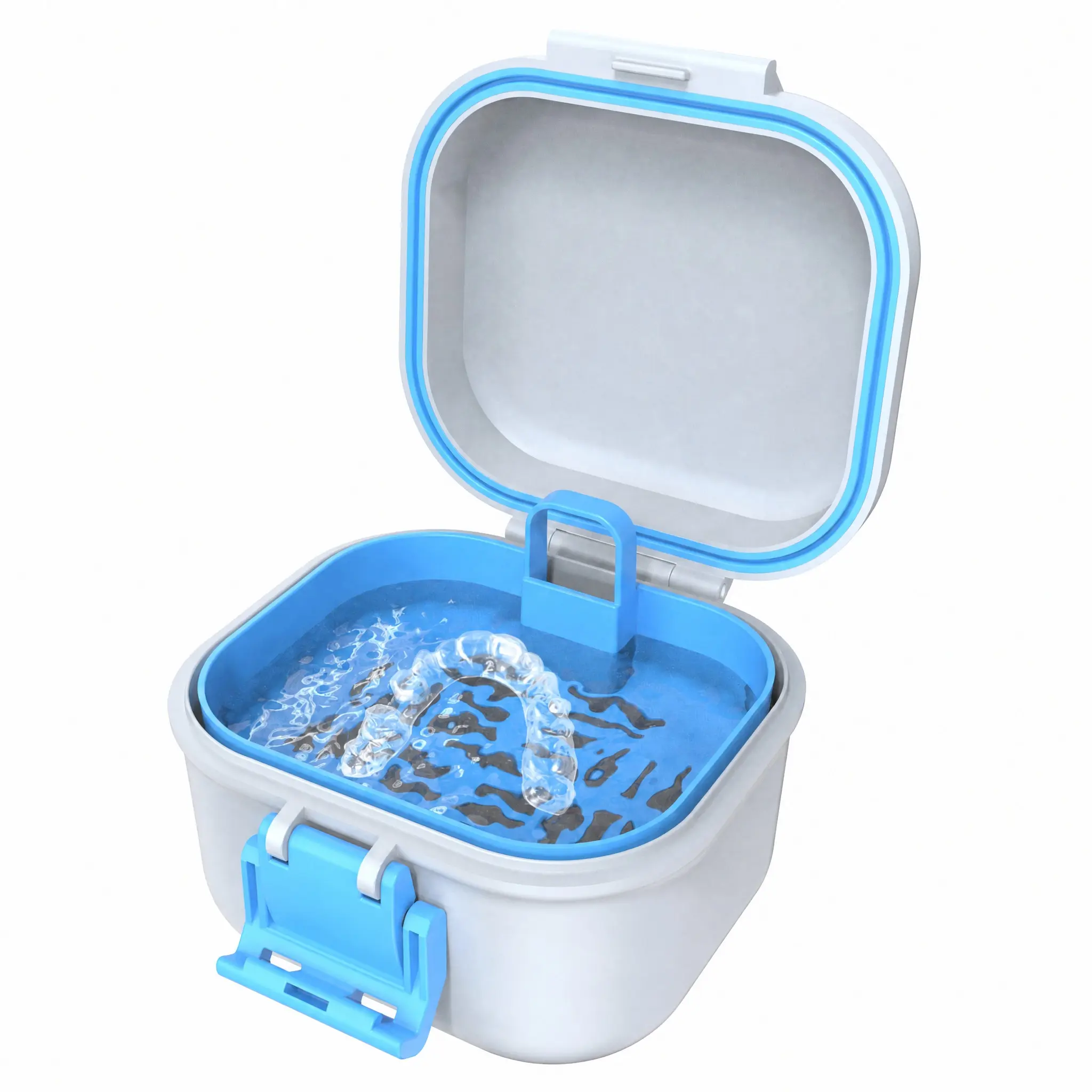 Leakproof Soaking Denture Box with Strainer Basket, Portable Travel Storage Case for Retainers, Mouth Guards and False Teeth, White & Blue