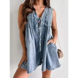 Women's Sleeveless V Neck Shorts Denim Romper Tie Front Ruffle Jean Short Overall With Pocket