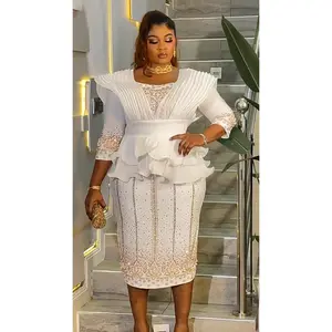 White  Dramatic Ruffle Shoulder Rhinestone-Embellished Peplum Midi Dress: Wedding Guest Cocktail Birthday Dinner