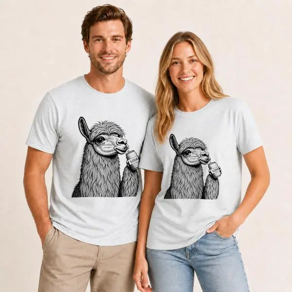 CARPESUN, Funny Animal Style, Short Sleeve T-Shirt, Cute Llama Holding Coffee Cup Graphic, Soft Cotton Blend Fabric, Unisex Casual Daily Wear, Single Pack
