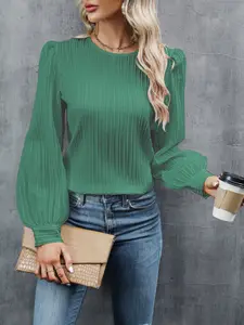 Women's Bubble Sleeve Long Sleeves Pleated Fitted Blouse Shirt, Lady Elegant Solid Color Round Neck Top, Casual Chic Top, Casual & Office Daily Wear, Spring & Fall Fashion, Womenswear