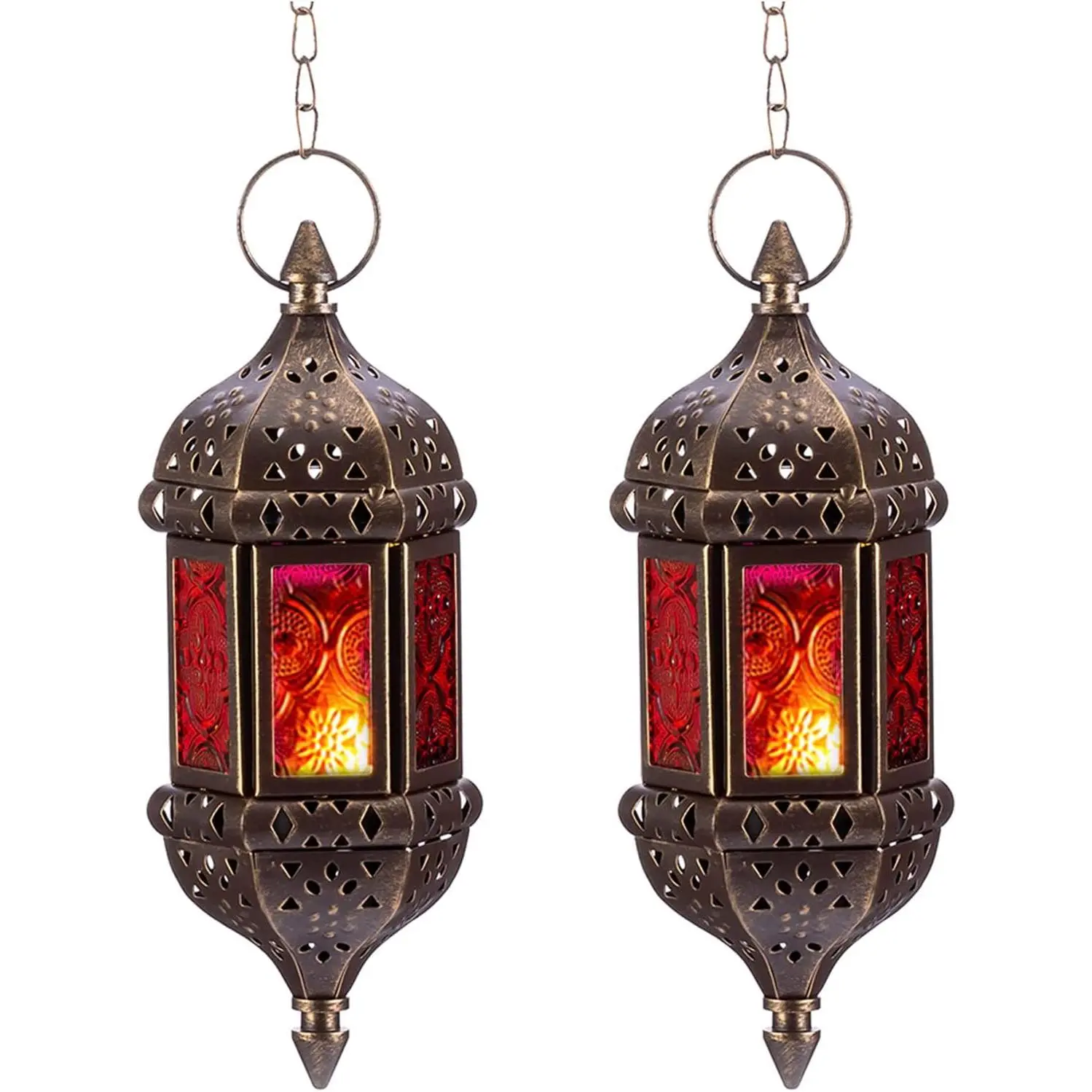 2-Pcs Moroccan Bronze Metal Hanging Hexagon Candle Lantern Holders - Handmade Red & Purple Glass Tea Light Holders for Home Decor, Gifting, Home Supplies, Moroccan Lanterns