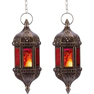 2 Pcs Hanging Hexagon Decorative Moroccan Candle Lantern Holders, Handmade Hanging Tea Light Holder in Bronze Metal & Red & Purple Glass Gift & Decor Items