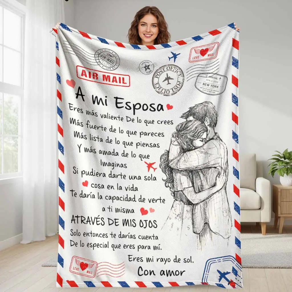 To My Wife Love Message Flannel Fabric Blanket, Couple Theme Air Mail Hug Print, Lightweight Weave Soft Warm Cozy, Home & Travel Gift for Anniversary Valentine Bedroom Sofa, Multi-Size, Soft Breathable