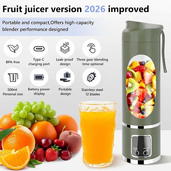 Portable Blender Electric USB-C, 450ML Personal Juicer for Shakes and Smoothies, 12 Blades, 1500mAh Rechargeable, BPA Free, 18oz Small Blender with Leakproof Lid & Sip Spout, Mixing, Compact