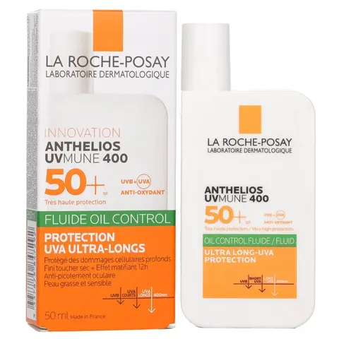 La Roche Posay Anthelios UVMune 400 Facial Sunscreen Bottle - SPF50 Sun Protective UV Protector, 50ml Thermal Water Formula, Sebum & Oil-Control Fluid, Sweat Resistant, 12H Long-Lasting for Acne-Prone Sensitive Skin