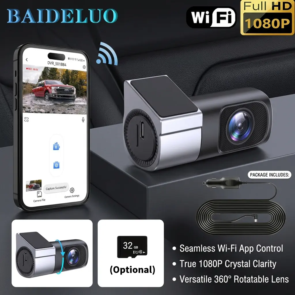 Wired 1080P HD WiFi Dash Cam, 360° Rotatable Mini Car DVR with  Vision, Loop Recording & 24H Parking Monitor card storage camera built-in wifi  vision truck instant panoramic view dual backup azdome m550 reverse 3-lens 2-way audio ir waterproof rvibes