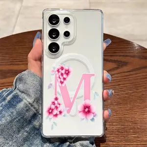 Letter M and Cherry Blossom Leaf Pattern,Magnetic Ring,Wireless Charging,Suitable for Samsung Galaxy S26 S25 S24 S23 S22 S21 S20 Fe Plus Ultra Edge S10E A57 A56 A55 A54 A37 A36 A35 A34 A26 A25 A24 A23 A17 A16 A15 A14 A07 A06 A05s Note20 Note10 Note9