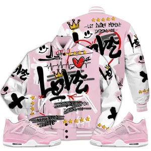 4 Retro Orchid Varsity Jacket, Orchid 4s Shirt, Happy Love Beats Graffiti Streetwear, Classic Varsity Jacket, Baseball Style Coat, Unisex Casual Streetwear