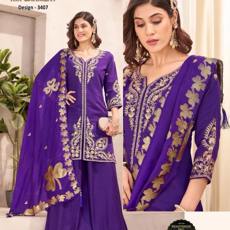 Purple embroidered readymade 3-piece suit set from K.K Garment, featuring a kurti, palazzo, and a matching dupatta