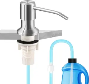 Dish Soap Dispenser for Kitchen Sink and Tube Kit, 47" Tube Connects Pump Directly to Soap Bottle, Brushed Nickel Stainless Steel with Smooth Silicone, Countertop Sink Accessories