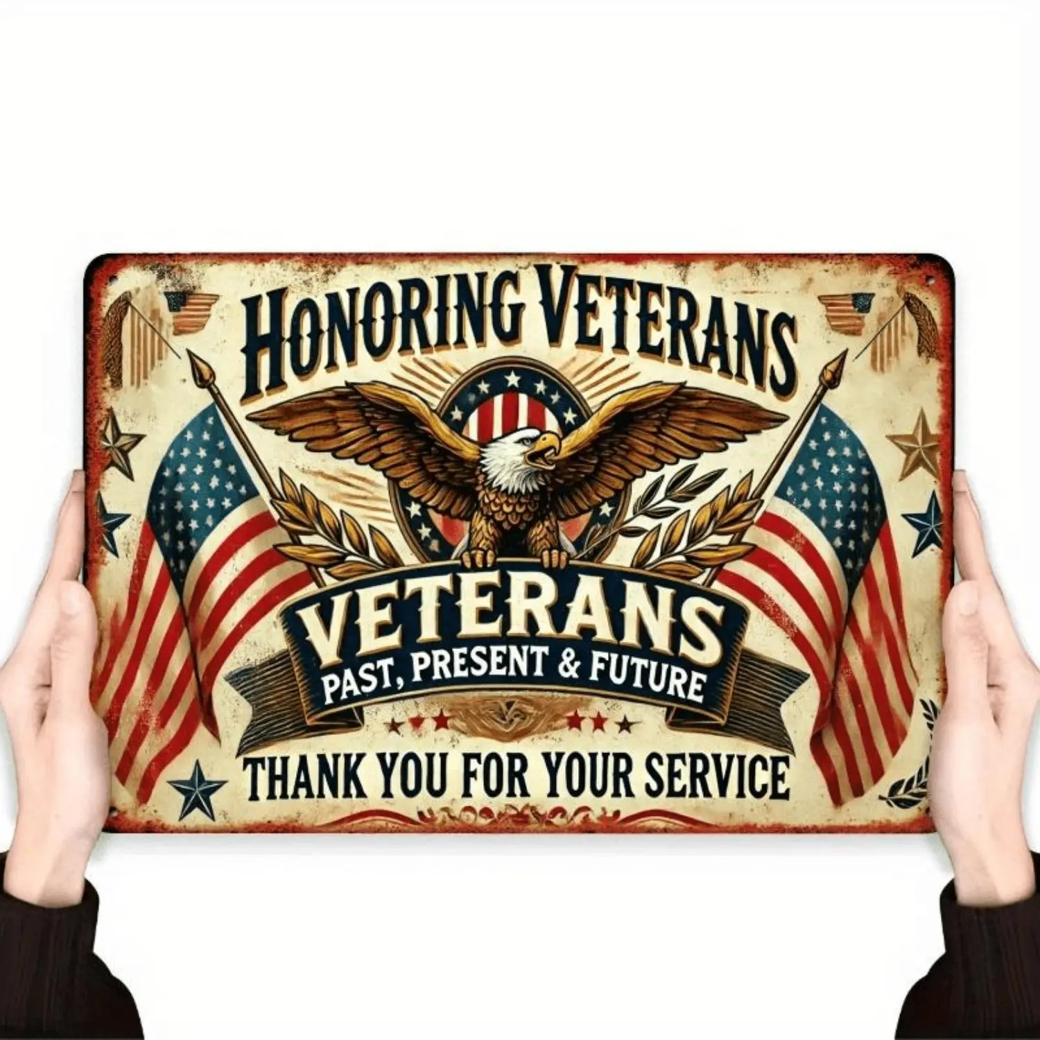 1pc Durable Structure Veterans Metal Plaque - 12X8 Inch Patriotic Wall Art with Honoring Veterans Design, American Flag & Eagle Motif - Retro Patriotic Metal Sign for Home, Office, Veterans Club Decor - Classic Gift for Veterans