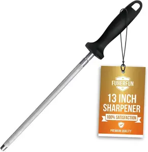 Knife Sharpener Rod, 13 Inch Carbon Steel Honing Steel for Kitchen Knives, Professional Magnetized Sharpening Stick with Nickel-Chrome Plating, Easy Grip Tool for Chef Knives