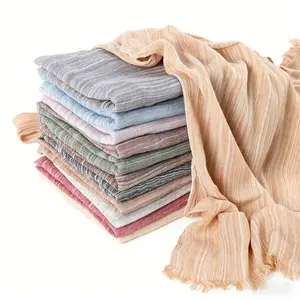 Retro Striped Rayon Pleated Long Scarf, Soft Fringe Edge Cotton Linen Head Scarf, Breathable Casual Warm Shawl for Daily Outdoor Matching