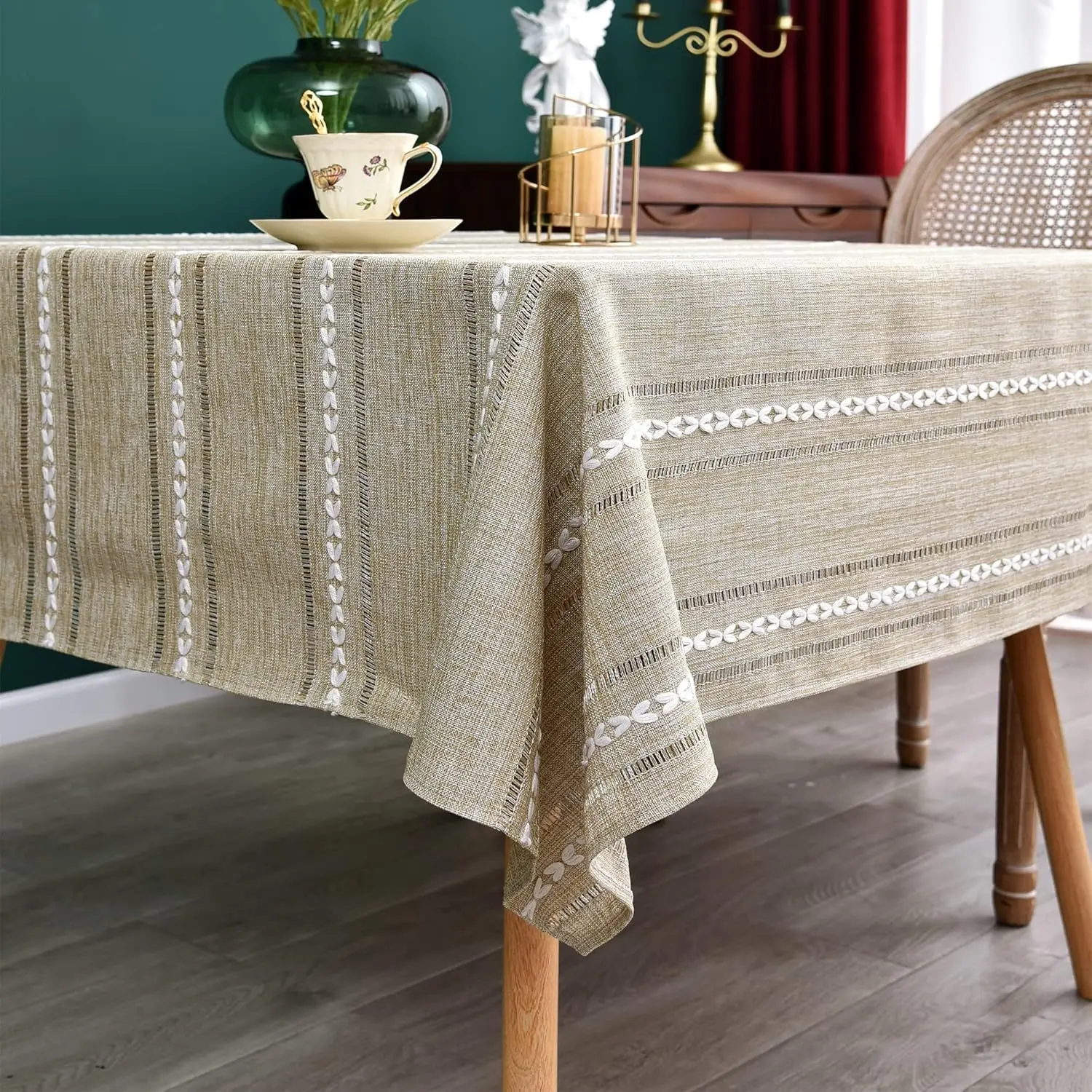 Rustic Farmhouse Embroidered Square Tablecloth Jacquard Striped Table Cloth Linen Washable Dining Table Cover Kitchen Dining  Decoration Yellow 70x70 inch
