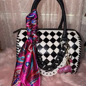 Black and White Checkered Medium Hand Painted Speedy Bag Includes 2 Accessory Bundle with Stylish Scarf and Chain Strap