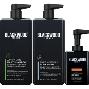 BLACKWOOD FOR MEN Workout Warrior Recovery Set including Active Men Shampoo, Pure Moisture Body Wash, X-Punge Foaming Face Wash Body Care Acne