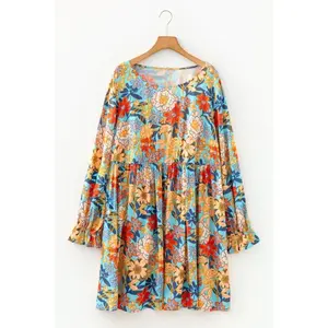 Plus Size Floral Ruffle Long Sleeve Dress