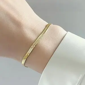 Thin 3mm Gold Herringbone Ankle Bracelet, Adjustable 22+5cm 316L Stainless Steel Flat Snake Chain Anklet for Women Daily Summer Jewelry   bangle woman