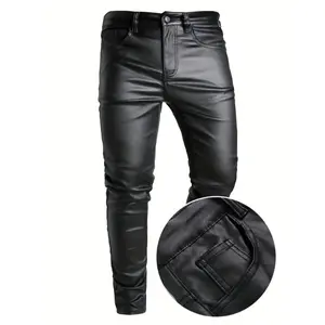 Chic High Stretch Skinny Jeans - Men's Casual Coated Street Style  Pants Streetwear solid drawstring waist pocket sweatpants megging  jeans letter print men fit