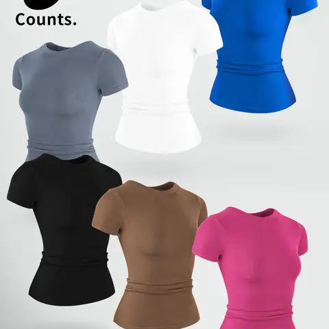 Women's Crew-Neck Workout T-Shirts, 1/3/6-Pack Options, Moisture-Wicking Quick-Dry Knit Athletic Tops, Breathable High-Stretch Soft Gym Tees for Yoga, Running, Daily Wear and Athleisure, Multiple Colors, Sizes S–XXL