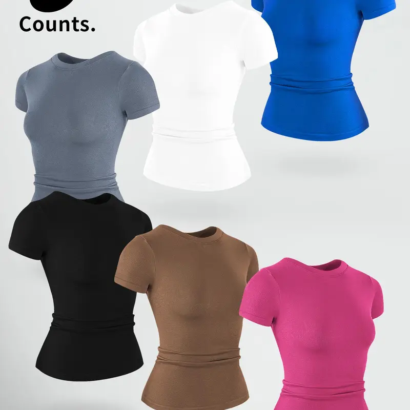Women's Crew-Neck Workout T-Shirts, 1/3/6-Pack Options, Moisture-Wicking Quick-Dry Knit Athletic Tops, Breathable High-Stretch Soft Gym Tees for Yoga, Running, Daily Wear and Athleisure, Multiple Colors, Sizes S–XXL