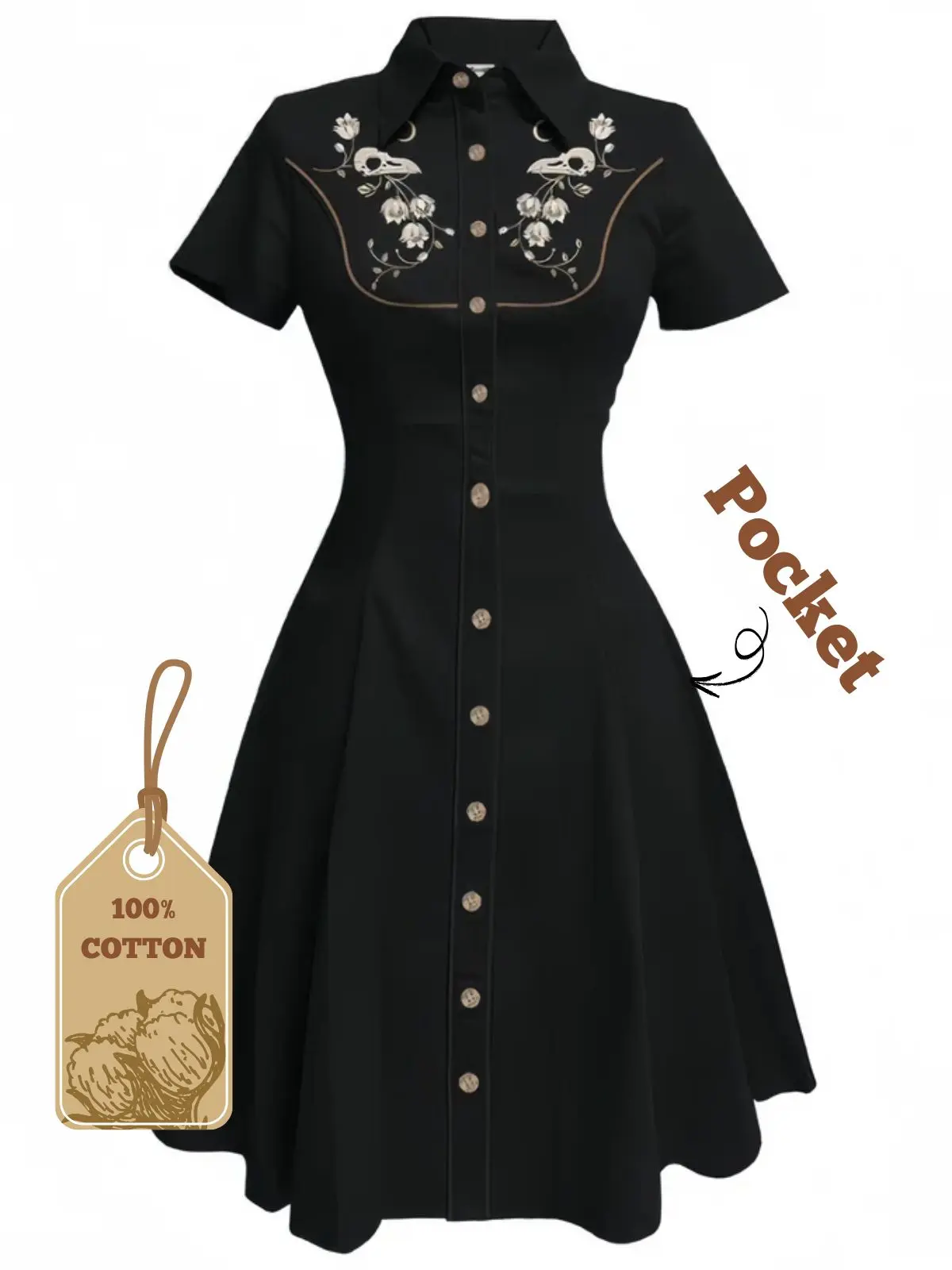 Black 1950s Cotton Floral Embroidered Western Style Dress Black 1950s Cotton Floral Embroidered Western Style Dress