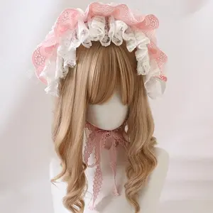 New Original Handmade Japanese Doll Sweet Lolita Lace Hairband Cute Girl Cosplay Pink Hair Bowknot Headpiece Accessory
