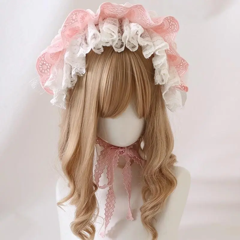 New Original Handmade Japanese Doll Sweet Lolita Lace Hairband Cute Girl Cosplay Pink Hair Bowknot Headpiece Accessory