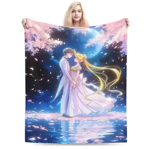 Valentine's Day Anime Throw Blanket – Romantic Anime Couple in Formal Gowns, Cherry Blossom Moonlit Scene, Soft Fleece Blanket for Fans, Bedroom or Gift