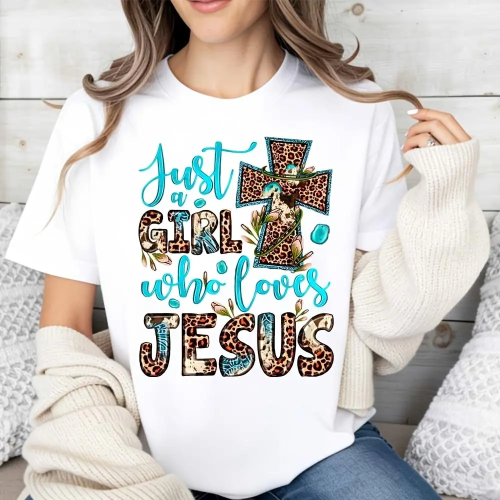 Casual Christian Style Women's T-Shirt Just A Girl Who Loves Jesus Cross And Leopard Print Design For Everyday Wear And Faith Expression Perfect Gift For Religious Women And Christian Friends