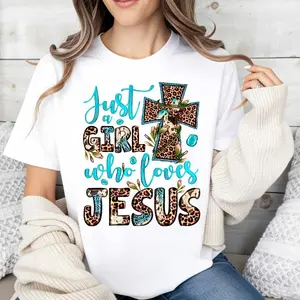 Casual Christian Style Women's T-Shirt Just A Girl Who Loves Jesus Cross And Leopard Print Design For Everyday Wear And Faith Expression Perfect Gift For Religious Women And Christian Friends
