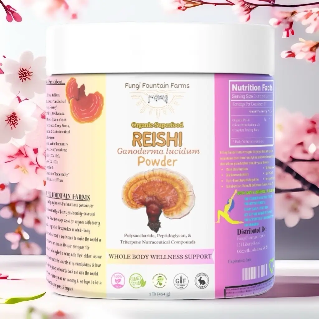 Reishi Mushroom Powder by Fungi Fountain Farms - Ganoderma lucidum - Vegan Organic Health Food Supplement for Optimum Natural Whole Body Wellness Immune System Sleep Stress Anti-Inflammatory Hormone Fitness Edible Microbiome