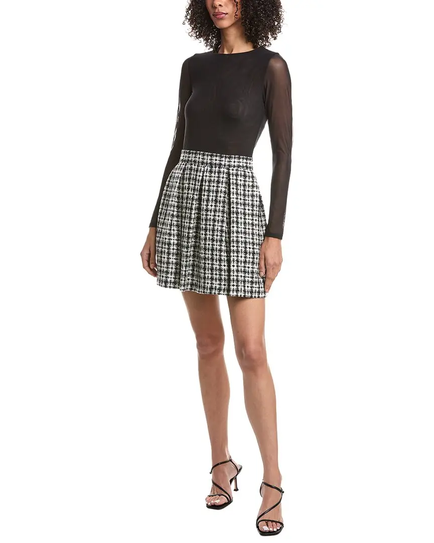 alice + olivia Chara Crewneck Flared Tweed Mini Dress