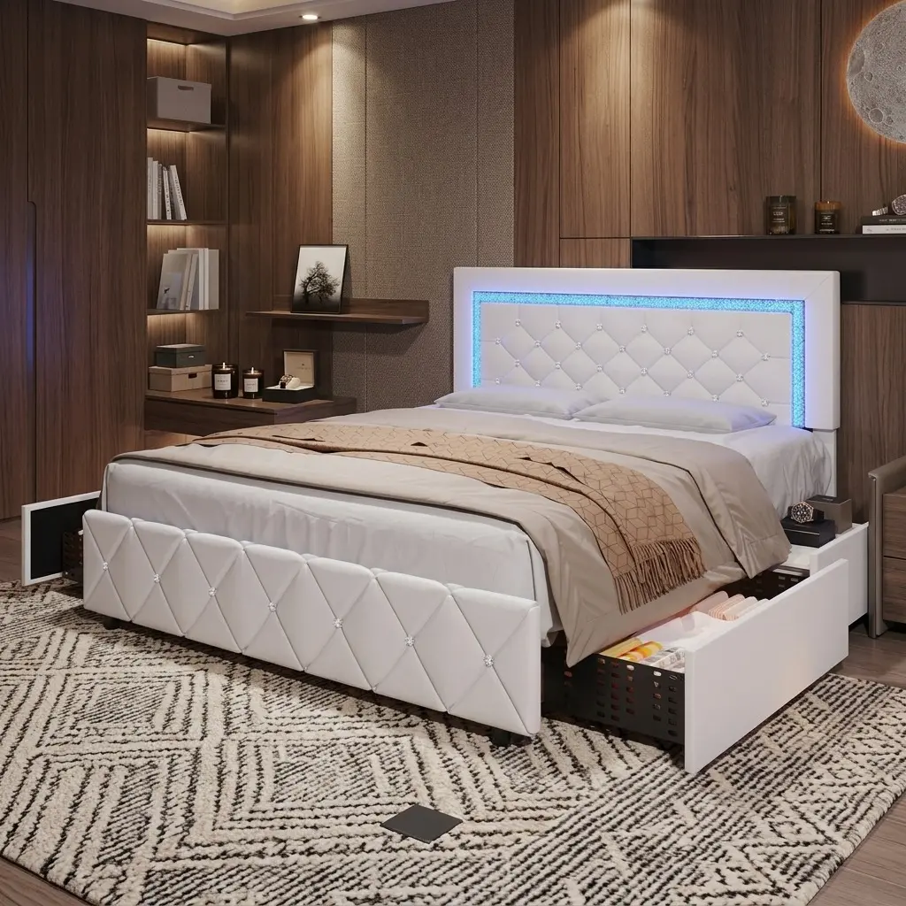 Modern Diamond Tufted Upholstered Bed Frame with LED Lights & USB Port, Platform Bed with Headboard Footboard, Storage Drawers Design, No Box Spring Needed, Twin/Full/Queen Size, White Pink Black Purple Yellow, Bedroom Furniture Home Room Decor for Christ