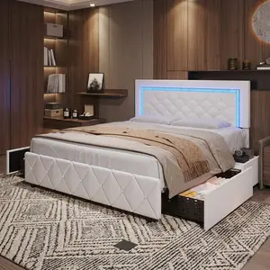 Modern Diamond Tufted Upholstered Bed Frame with LED Lights & USB Port, Platform Bed with Headboard Footboard, Storage Drawers Design, No Box Spring Needed, Twin/Full/Queen Size, White Pink Black Purple Yellow, Bedroom Furniture Home Room Decor for Christ