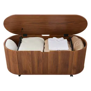 Giratree 43.3'' Fluted Storage Bench with Wheels, Oval Wooden Storage Chest with Safety Hinge and Lift Top for Entryway, Bedroom and Living Room