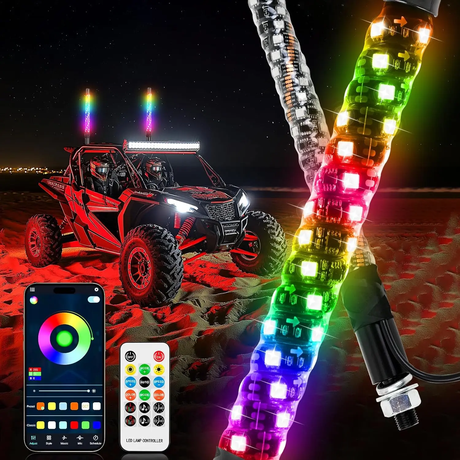2PCS 1FT RGB Whip Lights 2FT Fat LED Whip Light with App Remote Control Spiral Chasing Lighted Antenna Whips for Side by Side Music Whip Lights for ATV UTV RZR Can-Am Polaris Dune Buggy SXS Truck