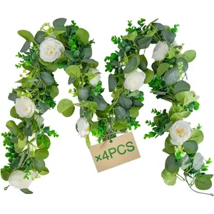 (4pack Wedding Arch Eucalyptus Garland Fake Roses for Vines for Decoration Wedding Decorations for Home Party, Table Decorations for Reception,Living Room wall Decor etc .Reusable.(White)