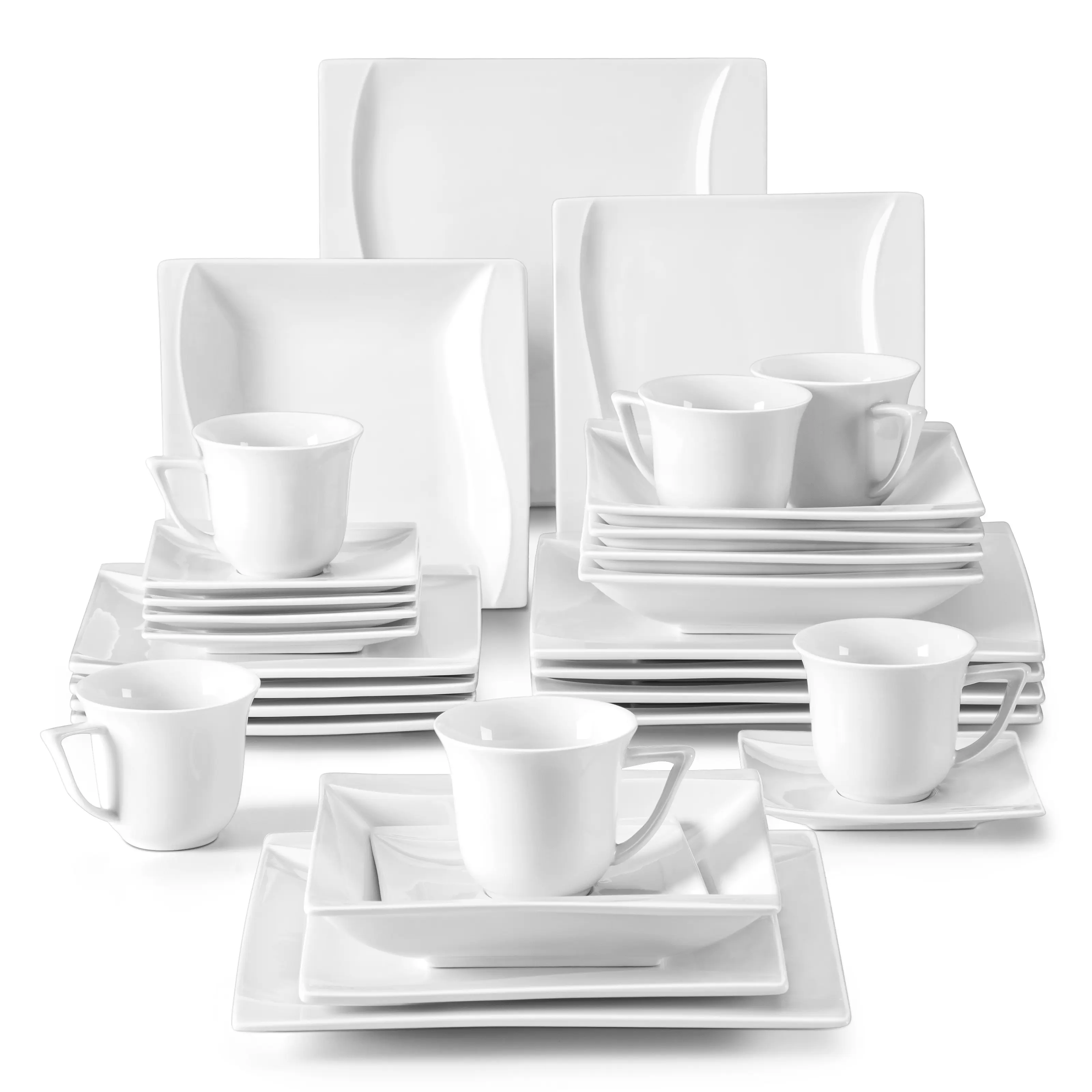 MALACASA 30 PCS  White Dinnerware Sets,  Porcelain Square Plates and Bowls Sets for 6, Ceramic Dishware Set, Microwave and dishwasher safe,Series CARINA modern design