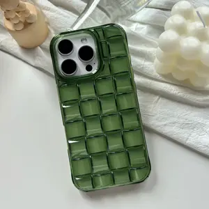 Stereoscopic Green Woven Plaid Convexity Protective Cover for iPhone 11 12 13 14 15 16 Pro Max - Shockproof Features, Soft Transparent Casing Protection Aesthetic Cellphone Smartphone Protector Screen Protector