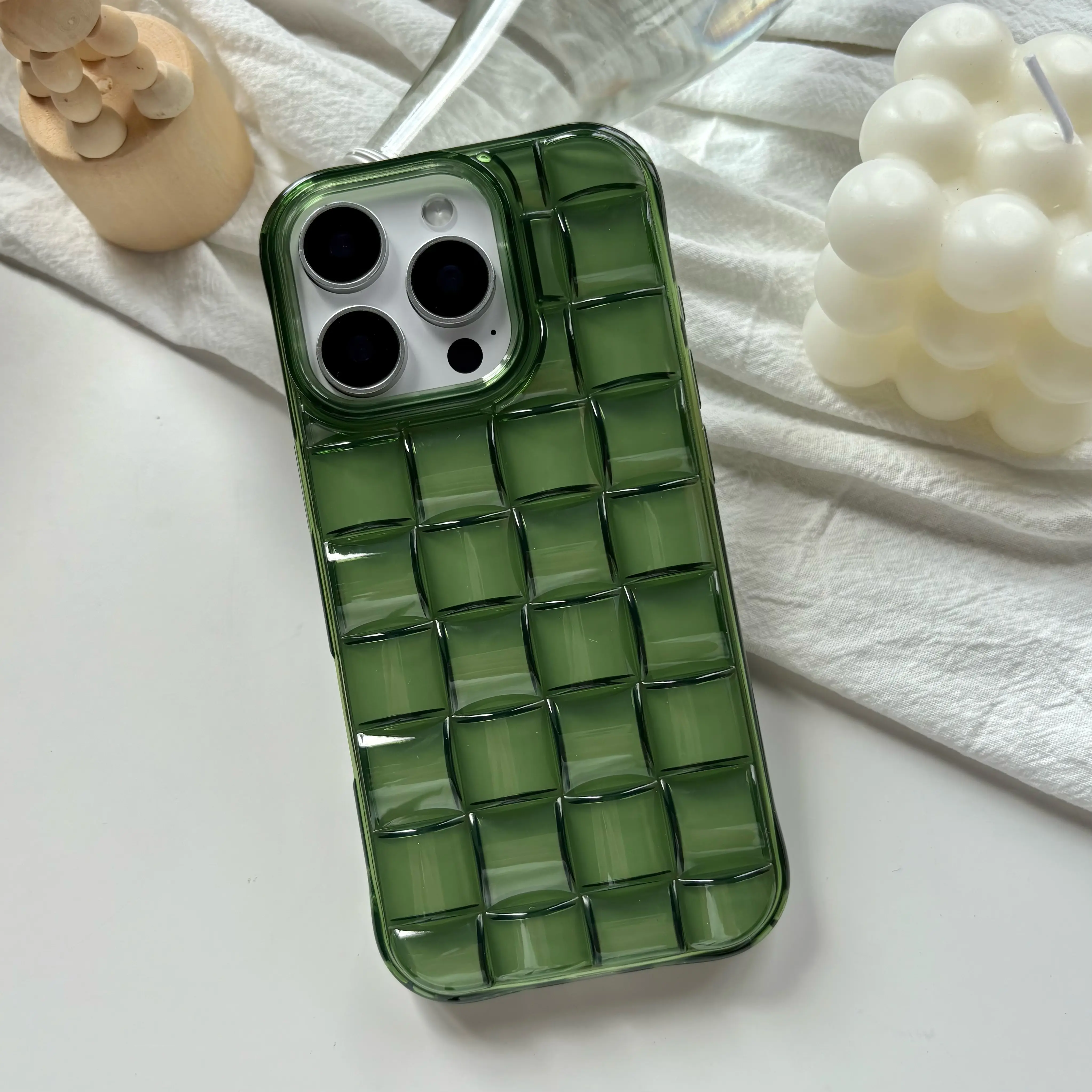 Stereoscopic Design Green Woven Plaid Convex Cellphone Cover - Shockproof, Soft, Transparent, Compact Protection Accessory for iPhone 11-16 Pro Max Mobile Devices