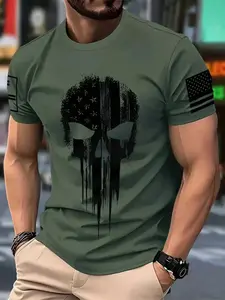 Men's Short Sleeve 3D Skull Pattern Casual Streetwear T-Shirt, Ethnic Shoulder Stripes, Slim Fit, All Seasons, Washed Design, H-Type Silhouette, Menswear