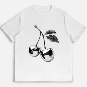 Silver Cherry Graphic T Shirt Black White Y2K Aesthetic Casual Tee Trendy Fruit Print Top Daily Wear Summer Outfit Cute Fashion Shirt