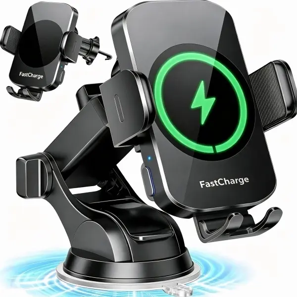 15W Fast Charging Car Phone Holder，Wireless Car Charger, Auto Clamping Car Phone Mount, [Dual Mounting Type] Vent Dash Phone Holder for iPhone 18 17 16 15 14 13 12 11 XR XS, for Samsung S26 Ultra S25 S24
