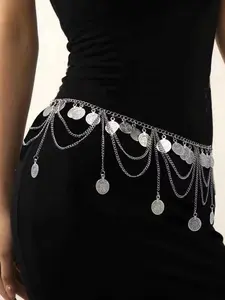 Boho Style Metal Chain Belt with Tassel Design, Vintage Hanfu Accessory for Belly Dance & Western Fashion, Unique Coin Charm Decor