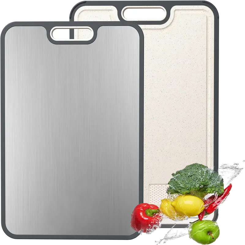 Pure Titanium Rectangular Chopping Board with Handles - FDA Certified Food-Safe 73% Hygienic Test Polypropylene Wheat Straw Blend, Anti-Adhesive, Anti-Bacterial, 2-Side Meat/Produce Dicing, Durable, Easy to Clean, Dishwasher Safe for Daily Kitchen Use