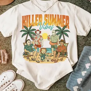 Horror Summer Vibes Tee, Killer Beach Vacation T-Shirt, Scary Movie Icons Summer Clipart Shirt, Tropical Horror Characters Shirt